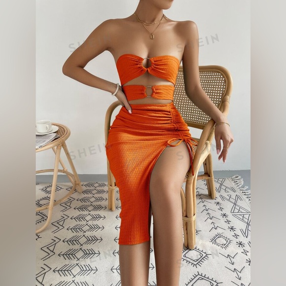 SHEIN Privé Ring Linked Cut Out Drawstring Split Thigh Tube Dress - Picture 4 of 4